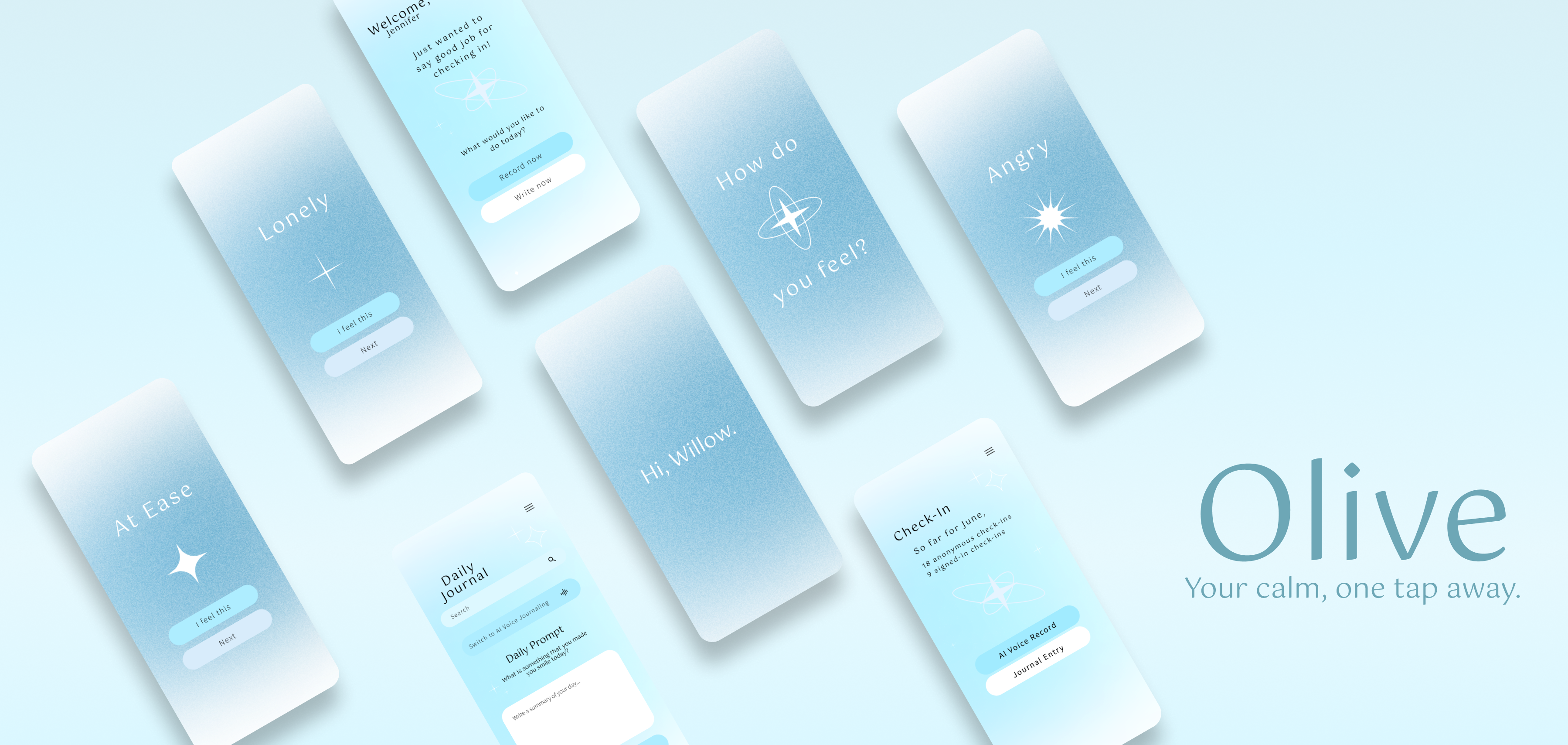 Olive app — emotion check-in, journaling, and reflection screens
