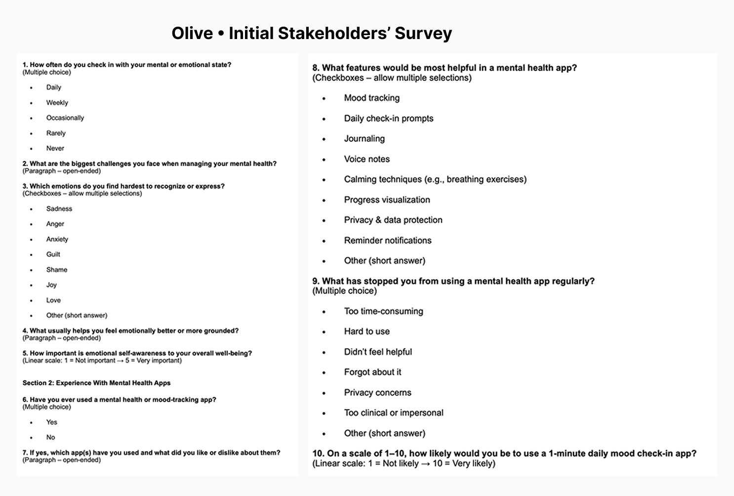 Olive initial stakeholders' survey questions