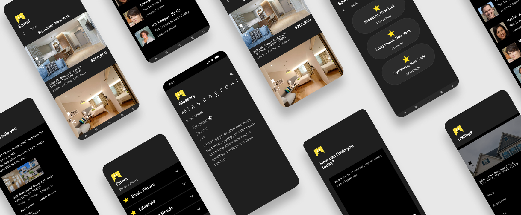 Perfect Properties app — saved listings, agent profiles, glossary, filters, chat, and listing details