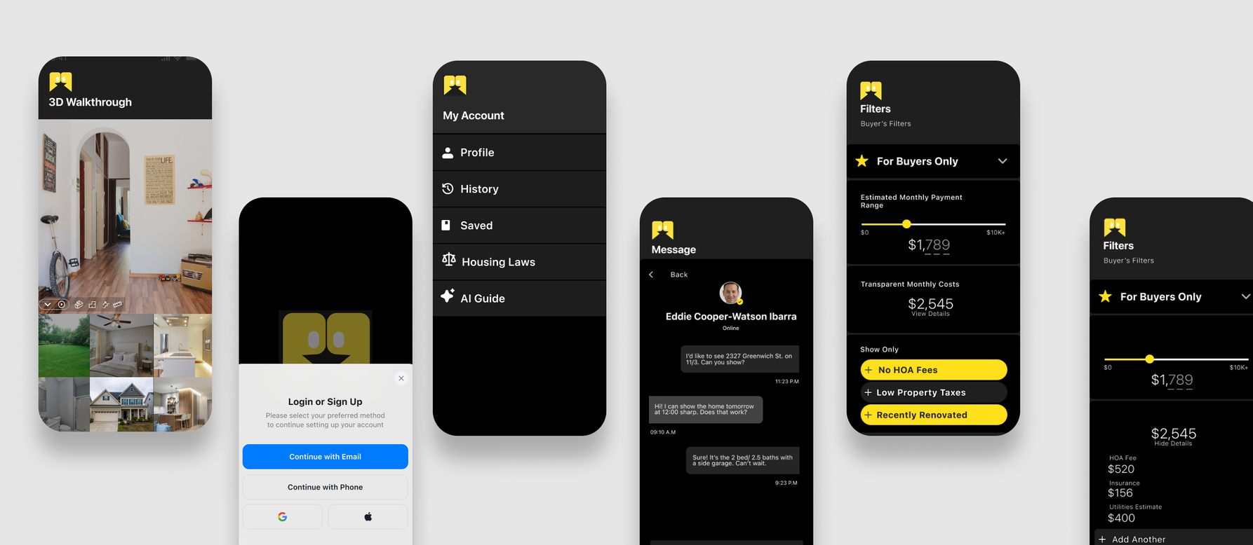 Perfect Properties app — 3D walkthrough, login, account menu, messaging, and filters