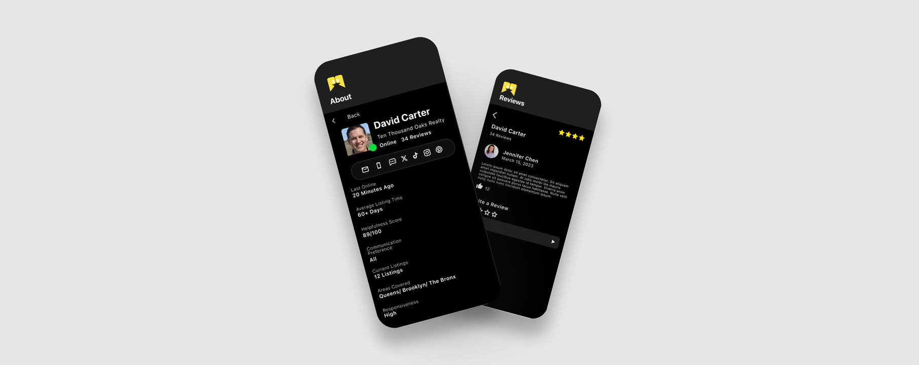 Perfect Properties app — agent about and reviews screens