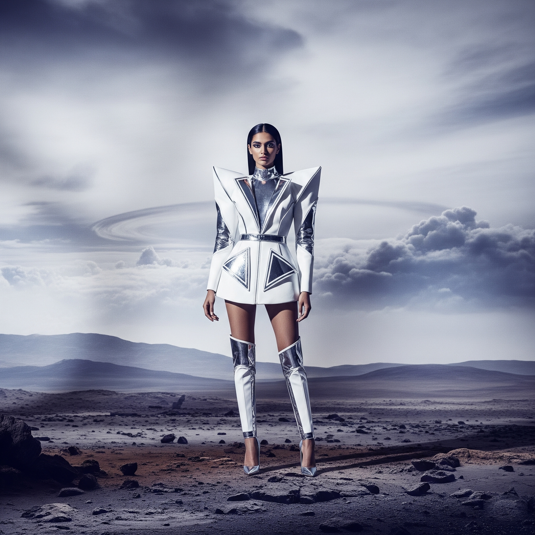 Ensemble.ai — AI-generated model in a geometric silver and white couture look on a Mars-like landscape